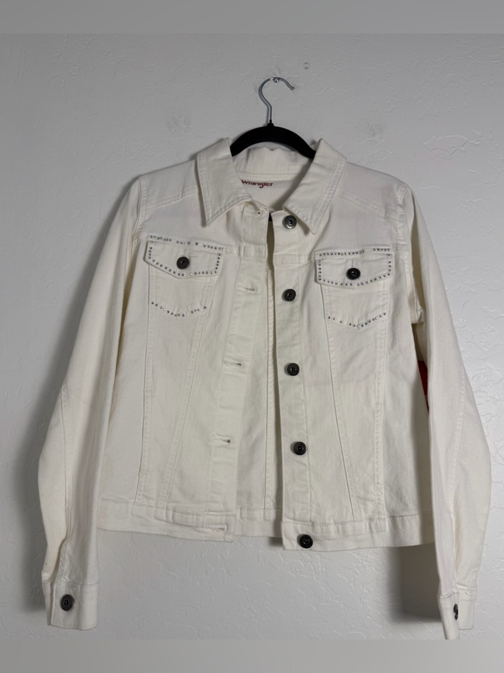 Wrangler Authentics Cropped Womens Medium White Stud-Accent Denim Jacket